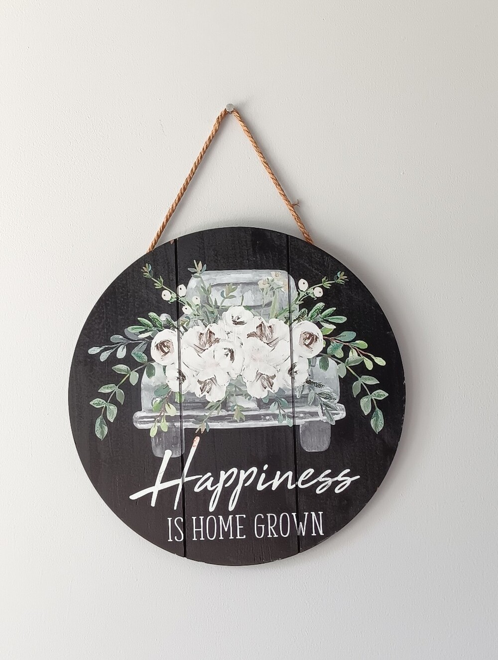 Happiness Is Homegrown Wood Hanging Wall Decor Truck Flowers Grey Black White
